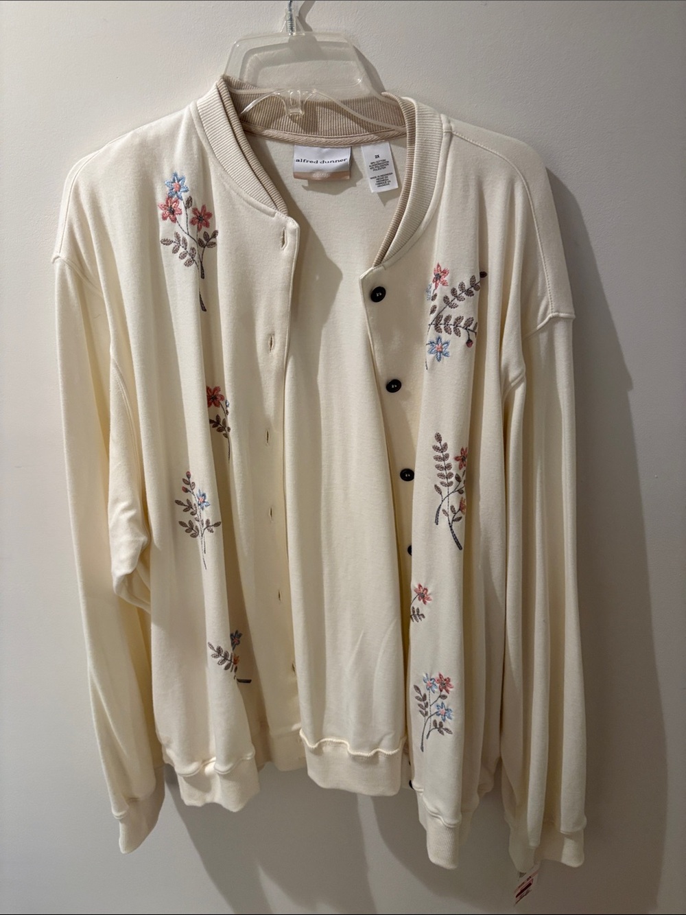 Alfred Dunner Cream Embroidered Button-Front Cardigan